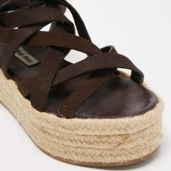 Miu Miu Dark Brown Suede Strappy Espadrille Platform Sandals Size 36