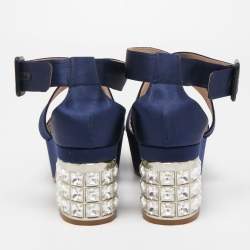Miu Miu Navy Blue Satin Crystal Embellished Block Sandals Size 37