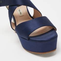 Miu Miu Navy Blue Satin Crystal Embellished Block Sandals Size 37
