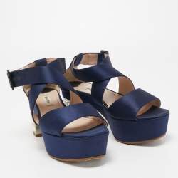 Miu Miu Navy Blue Satin Crystal Embellished Block Sandals Size 37
