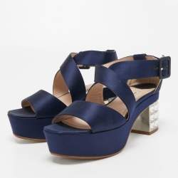 Miu Miu Navy Blue Satin Crystal Embellished Block Sandals Size 37