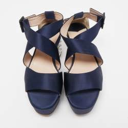 Miu Miu Navy Blue Satin Crystal Embellished Block Sandals Size 37