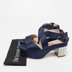 Miu Miu Navy Blue Satin Crystal Embellished Block Sandals Size 37
