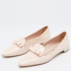Miu Miu Light Pink Patent Leather Bow Crystal Embellished Smoking Slippers Size 36