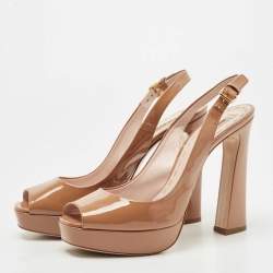 Miu Miu Brown Patent Leather Open Toe Platform Slingback Pumps Size 41