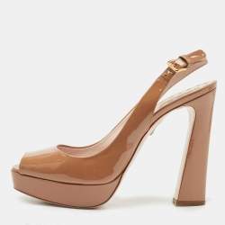 Miu Miu Brown Patent Leather Open Toe Platform Slingback Pumps Size 41