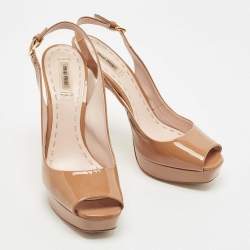 Miu Miu Brown Patent Leather Open Toe Platform Slingback Pumps Size 41