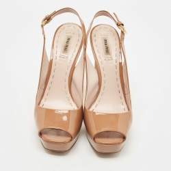 Miu Miu Brown Patent Leather Open Toe Platform Slingback Pumps Size 41