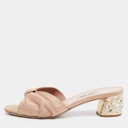 Miu Miu Beige Satin Crystal Embellished Block Heel Slide Size 38