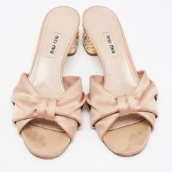 Miu Miu Beige Satin Crystal Embellished Block Heel Slide Size 38