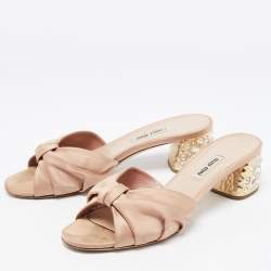 Miu Miu Beige Satin Crystal Embellished Block Heel Slide Size 38