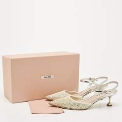 Pre Owned Miu Miu White/Silver Leather and Glitter Slingback Pointed Toe Pumps Size 38