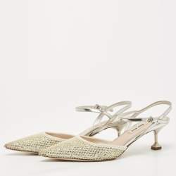 Pre Owned Miu Miu White/Silver Leather and Glitter Slingback Pointed Toe Pumps Size 38