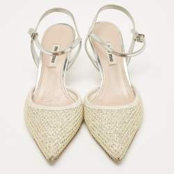 Pre Owned Miu Miu White/Silver Leather and Glitter Slingback Pointed Toe Pumps Size 38