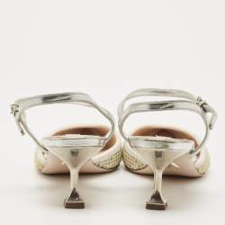 Pre Owned Miu Miu White/Silver Leather and Glitter Slingback Pointed Toe Pumps Size 38