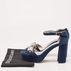 Pre Owned Miu Miu Navy Blue Suede Crystal Embellished Ankle Strap Sandals Size 37.5