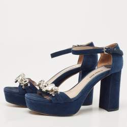 Pre Owned Miu Miu Navy Blue Suede Crystal Embellished Ankle Strap Sandals Size 37.5