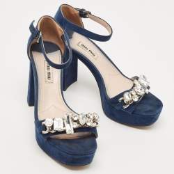 Pre Owned Miu Miu Navy Blue Suede Crystal Embellished Ankle Strap Sandals Size 37.5