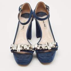 Pre Owned Miu Miu Navy Blue Suede Crystal Embellished Ankle Strap Sandals Size 37.5