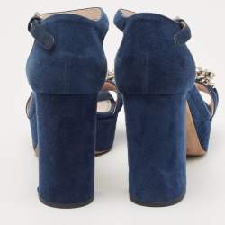 Pre Owned Miu Miu Navy Blue Suede Crystal Embellished Ankle Strap Sandals Size 37.5