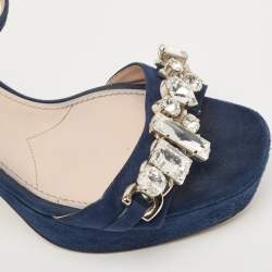 Pre Owned Miu Miu Navy Blue Suede Crystal Embellished Ankle Strap Sandals Size 37.5