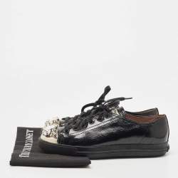 Miu Miu Black Patent Leather Crystal Embellished Cap Toe Low Top Sneakers Size 38.5