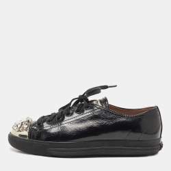 Miu Miu Black Patent Leather Crystal Embellished Cap Toe Low Top Sneakers Size 38.5
