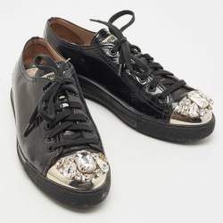 Miu Miu Black Patent Leather Crystal Embellished Cap Toe Low Top Sneakers Size 38.5