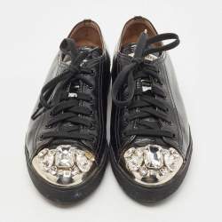 Miu Miu Black Patent Leather Crystal Embellished Cap Toe Low Top Sneakers Size 38.5