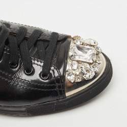 Miu Miu Black Patent Leather Crystal Embellished Cap Toe Low Top Sneakers Size 38.5