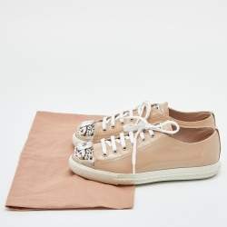 Pre Owned Miu Miu Beige Leather Crystal Embellished Cap Toe Sneakers  Size 37.5