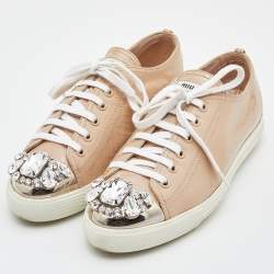 Pre Owned Miu Miu Beige Leather Crystal Embellished Cap Toe Sneakers  Size 37.5