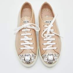 Pre Owned Miu Miu Beige Leather Crystal Embellished Cap Toe Sneakers  Size 37.5