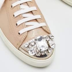 Pre Owned Miu Miu Beige Leather Crystal Embellished Cap Toe Sneakers  Size 37.5