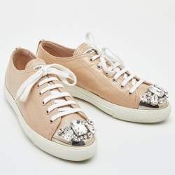 Pre Owned Miu Miu Beige Leather Crystal Embellished Cap Toe Sneakers  Size 37.5