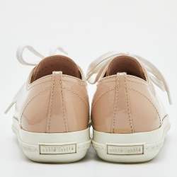 Pre Owned Miu Miu Beige Leather Crystal Embellished Cap Toe Sneakers  Size 37.5