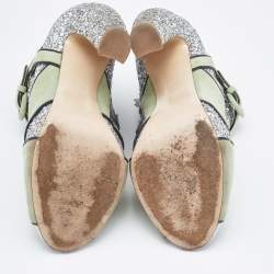 Pre Owned Miu Miu Green/Silver Glitter and Suede Peep-Toe Ankle Boots Size 39