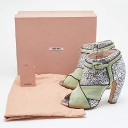 Pre Owned Miu Miu Green/Silver Glitter and Suede Peep-Toe Ankle Boots Size 39