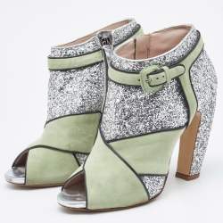 Pre Owned Miu Miu Green/Silver Glitter and Suede Peep-Toe Ankle Boots Size 39
