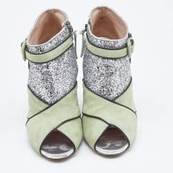 Pre Owned Miu Miu Green/Silver Glitter and Suede Peep-Toe Ankle Boots Size 39