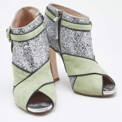 Pre Owned Miu Miu Green/Silver Glitter and Suede Peep-Toe Ankle Boots Size 39