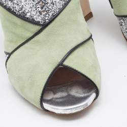 Pre Owned Miu Miu Green/Silver Glitter and Suede Peep-Toe Ankle Boots Size 39