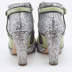 Pre Owned Miu Miu Green/Silver Glitter and Suede Peep-Toe Ankle Boots Size 39