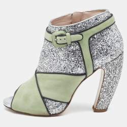 Pre Owned Miu Miu Green/Silver Glitter and Suede Peep-Toe Ankle Boots Size 39