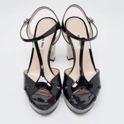 مملوكة مسبقًا Miu Miu Black Patent Leather Crystal Embellished Ankle Strap Sandals Size 38