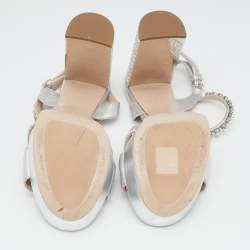 Miu Miu Silver Leather Crystal Embellished Ankle Strap Platform Sandals Size 36