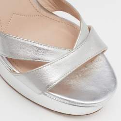 Miu Miu Silver Leather Crystal Embellished Ankle Strap Platform Sandals Size 36