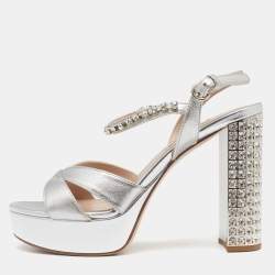 Miu Miu Silver Leather Crystal Embellished Ankle Strap Platform Sandals Size 36