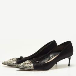 Miu Miu Black Satin and Crystal Embellished PVC Pointed Toe Pumps Size 38