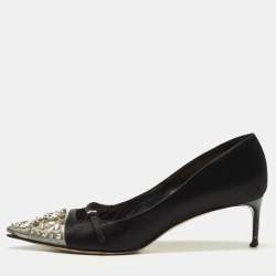 Miu Miu Black Satin and Crystal Embellished PVC Pointed Toe Pumps Size 38